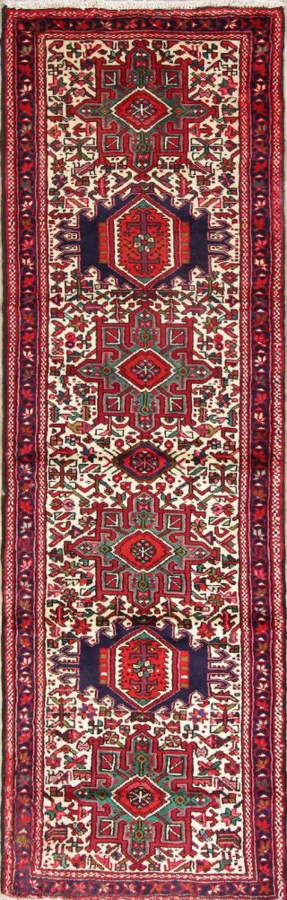 One - Of - A - Kind Geometric Gharajeh Persian Hand - Knotted 2x7 Ivory Wool Runner Rug