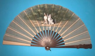 Rare French Art Nouveau Hand Carved Wooden Painted Kitten Cats Scene Fan