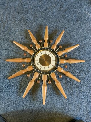 Atomic Mid Century Modern Starburst Wallclock Clock Retro Elgin Style Wooden