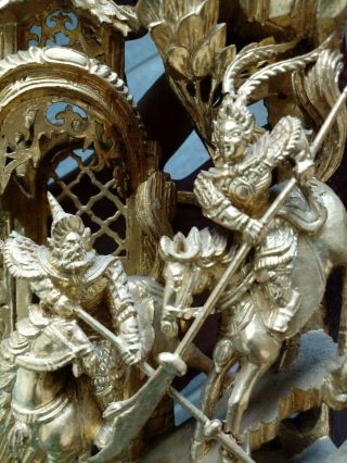Antique Vintage Asian Chinese Deeply Carved Gilt Gold Wood Panel Art Warriors