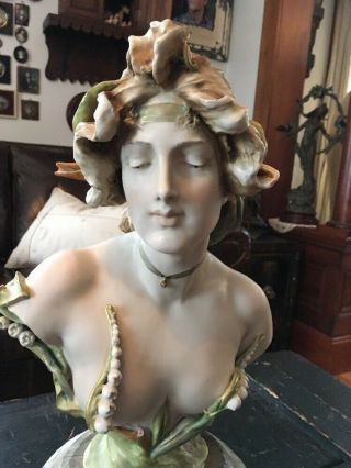 ANTIQUE AMPHORA NUDE LADY BUST ART NOUVEAU SIGNED LILY OF THE VALLEY 2