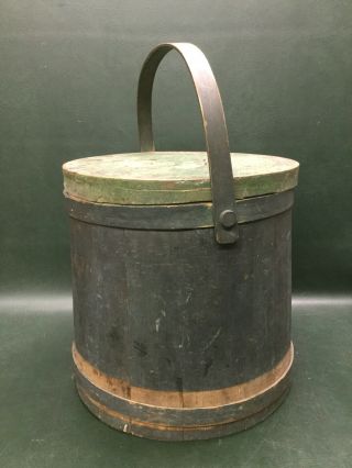 Antique 1800 ' s Paint Large Green/Blue Wooden Firkin Sugar Bucket w/ Lid 2