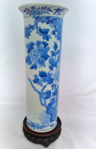 Chinese Blue and White Porcelain Cylindrical Vase Painted Peonys 19th Century 4