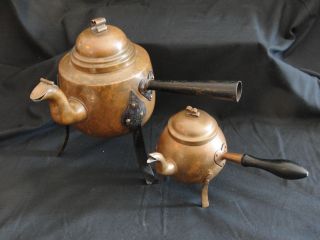 2 Vintage Hammered Copper Swedish Hearth Kettles Cast Iron Arts And Crafts