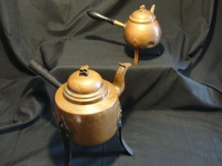 2 Vintage Hammered Copper Swedish Hearth Kettles Cast Iron Arts and Crafts 2