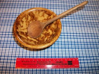 Antique Salesman Sample Miniature Spongeware Mixing Bowl & Tiny Wooden Spoon