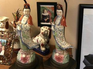 Large Antique Chinese Porcelain Figure Lamps Late 19th/20th C.