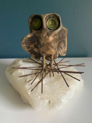 Curtis Jere Midcentury Modern Brutalist Brass Owl On Onyx Sculpture Mcm 1971