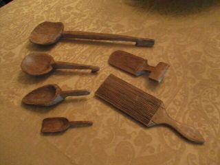6 Vintage Wooden Kitchen Primitive Hand Made Cooking Tools Vg