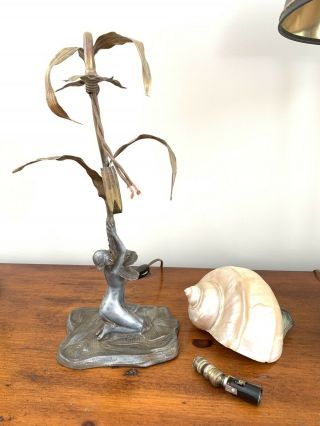 Antique Art Nouveau Nude Figural Shell Shade Desk Lamp Nautilus Seashell Restore