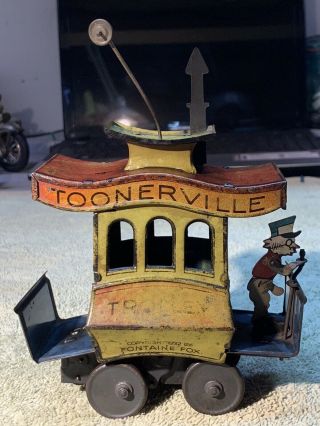 Antique Toonerville Trolley Tin Wind Up Toy Fontaine Fox 1922 Comic Strip Litho