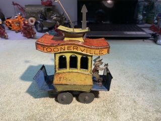 ANTIQUE TOONERVILLE TROLLEY TIN WIND UP TOY FONTAINE FOX 1922 COMIC STRIP LITHO 5