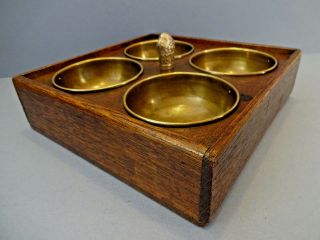 Late 19thc English Oak Table Spice Tray With Four Brass Bowls & Lifting Finial.