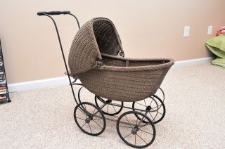 Vintage Antique Wicker Baby Or Doll Carriage & Stroller With Adjustable Canopy