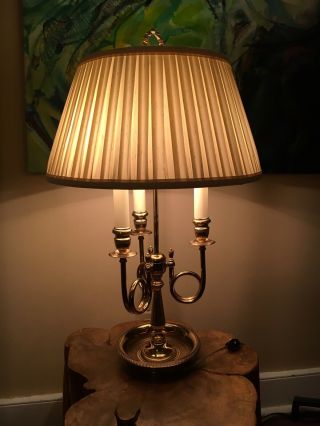 French Bouillotte Triple Horn Trumpet Solid Brass Table Lamp Made In France
