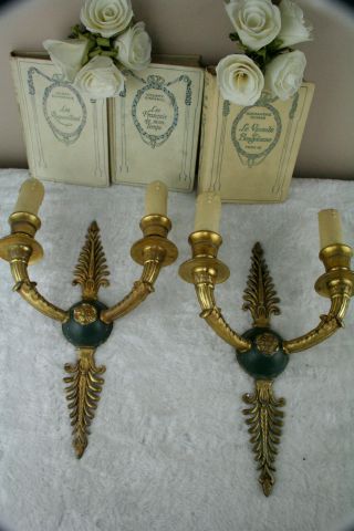 Pair French Empire Brass Metal Green Wall Lights Sconces 1950 