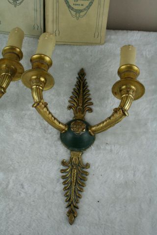 PAIR French empire Brass Metal green Wall lights sconces 1950 ' s 4