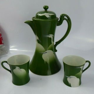 Japanese Antique Kutani Eggshell Porcelain Tea / Coffee Pot & Cups Signed Cranes