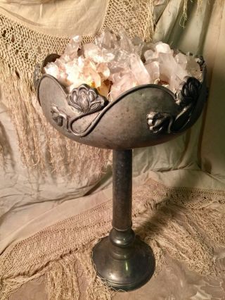 Rare Tall Antique Art Nouveau Hammered Compote Tazza Vase With Quartz Crystals