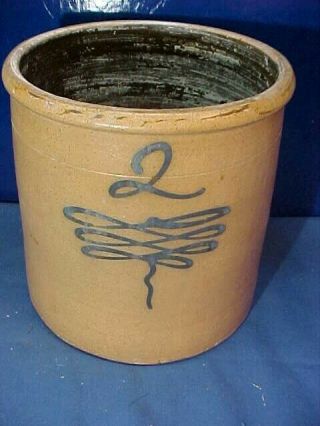 19thc Stoneware 2 Gal Crock W Blue Hand Decorated Tornado Type Design