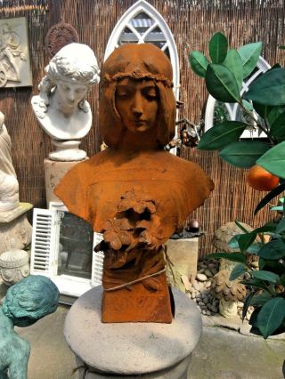French Cast Iron Bust Of A Nouveau Lady