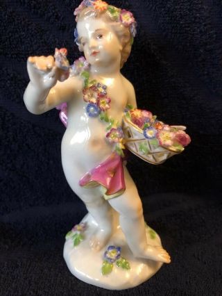 Antique German Meissen Porcelain Figurine Of Putti With Flowers
