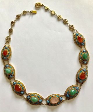 Silver Gilt Chinese Export Necklace Enamel Quartz Carnelian Gemstone Deco Vtg