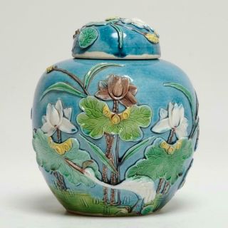 Vintage Wang Bin Rong Chinese Porcelain Turquoise Crane Jar W/lid