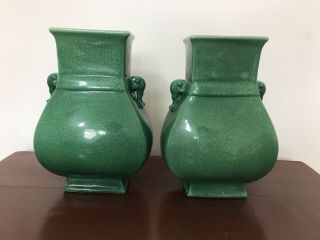 Antique Old Chinese Glazed Green Vases Qing 19th - 20th - -