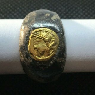 Ancient Galea Helmeted Roman Officer Silver - Gold Ring R0021