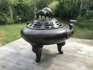 Large Chinese 18th / 19th Century Qing Dynasty Bronze Censer Spider Bats Trigram