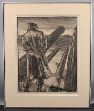 Antique 1917 WWI Hand Signed Frank Brangwyn,  The Lookout Lithograph Print,  NR 2