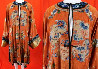 Antique Chinese Cinnabar Orange Silk Forbidden Stitch Embroidered Butterfly Robe
