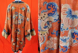 Antique Chinese Cinnabar Orange Silk Forbidden Stitch Embroidered Butterfly Robe 2