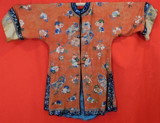 Antique Chinese Cinnabar Orange Silk Forbidden Stitch Embroidered Butterfly Robe 3