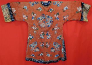 Antique Chinese Cinnabar Orange Silk Forbidden Stitch Embroidered Butterfly Robe 4