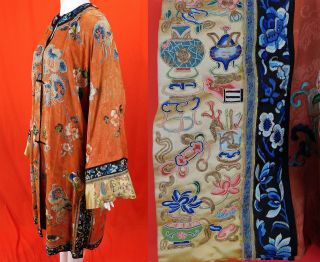 Antique Chinese Cinnabar Orange Silk Forbidden Stitch Embroidered Butterfly Robe 5