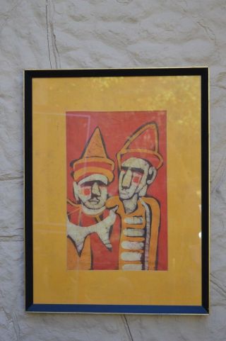 Mid Century Modern Abstract Art Batik 2 Pierrot Harlequins Clowns Framed Vintage