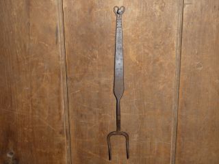 19th C Old Wrought Iron Folk Art Decorated Heart Meat Fork Utensil Signed Swaak