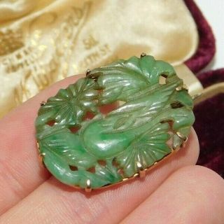 Fine,  9 Ct 9k Gold Chinese Antique Carved Natural Jade Jadeite Bird Brooch 5g
