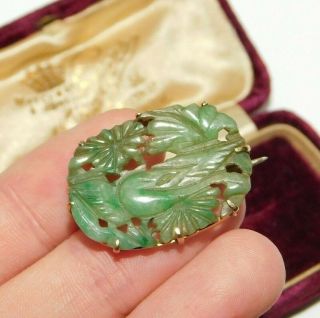 FINE,  9 CT 9K GOLD CHINESE ANTIQUE CARVED NATURAL JADE JADEITE BIRD BROOCH 5G 2