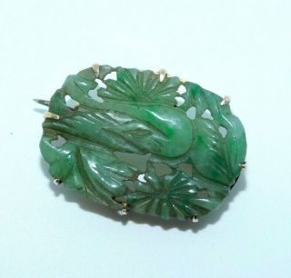 FINE,  9 CT 9K GOLD CHINESE ANTIQUE CARVED NATURAL JADE JADEITE BIRD BROOCH 5G 7