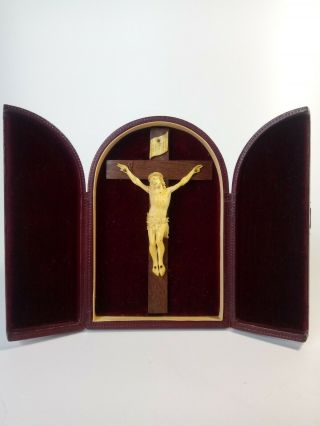 Antique Carved Sculpted Crucifix Jesus Catholic Religious Triptych Folding Case