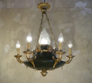 Fine Antique Empire Brass Chandelier Ceiling Lamp Fixtures 7 Light Lustre