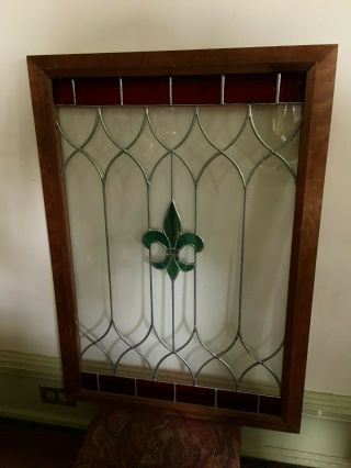 Antique Vintage Stained Glass Window Fleur De Lis,  Old Wavy Glass Mahogany Frame