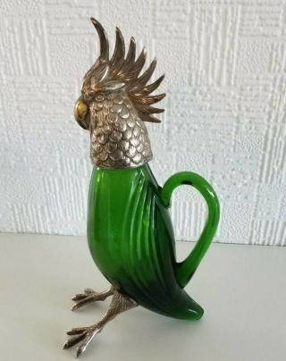 Rare Antique Green Glass And Silver Cockatoo Form Scent Perfume Bottle Decanter
