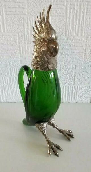 RARE ANTIQUE GREEN GLASS AND SILVER COCKATOO FORM SCENT PERFUME BOTTLE DECANTER 2