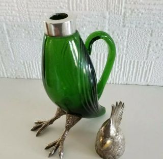 RARE ANTIQUE GREEN GLASS AND SILVER COCKATOO FORM SCENT PERFUME BOTTLE DECANTER 4