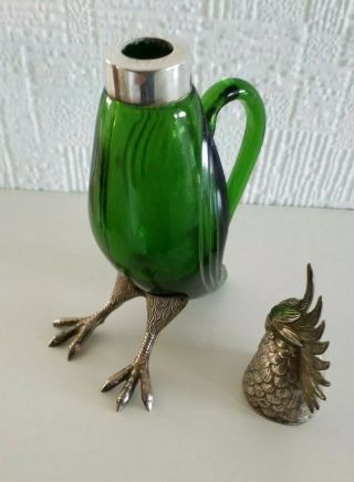 RARE ANTIQUE GREEN GLASS AND SILVER COCKATOO FORM SCENT PERFUME BOTTLE DECANTER 5