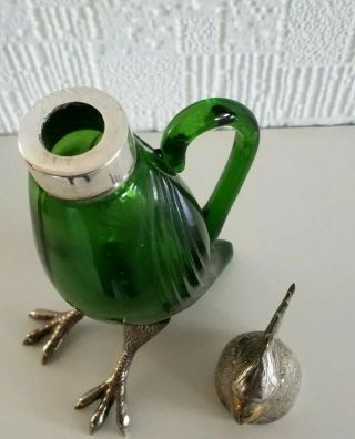 RARE ANTIQUE GREEN GLASS AND SILVER COCKATOO FORM SCENT PERFUME BOTTLE DECANTER 6